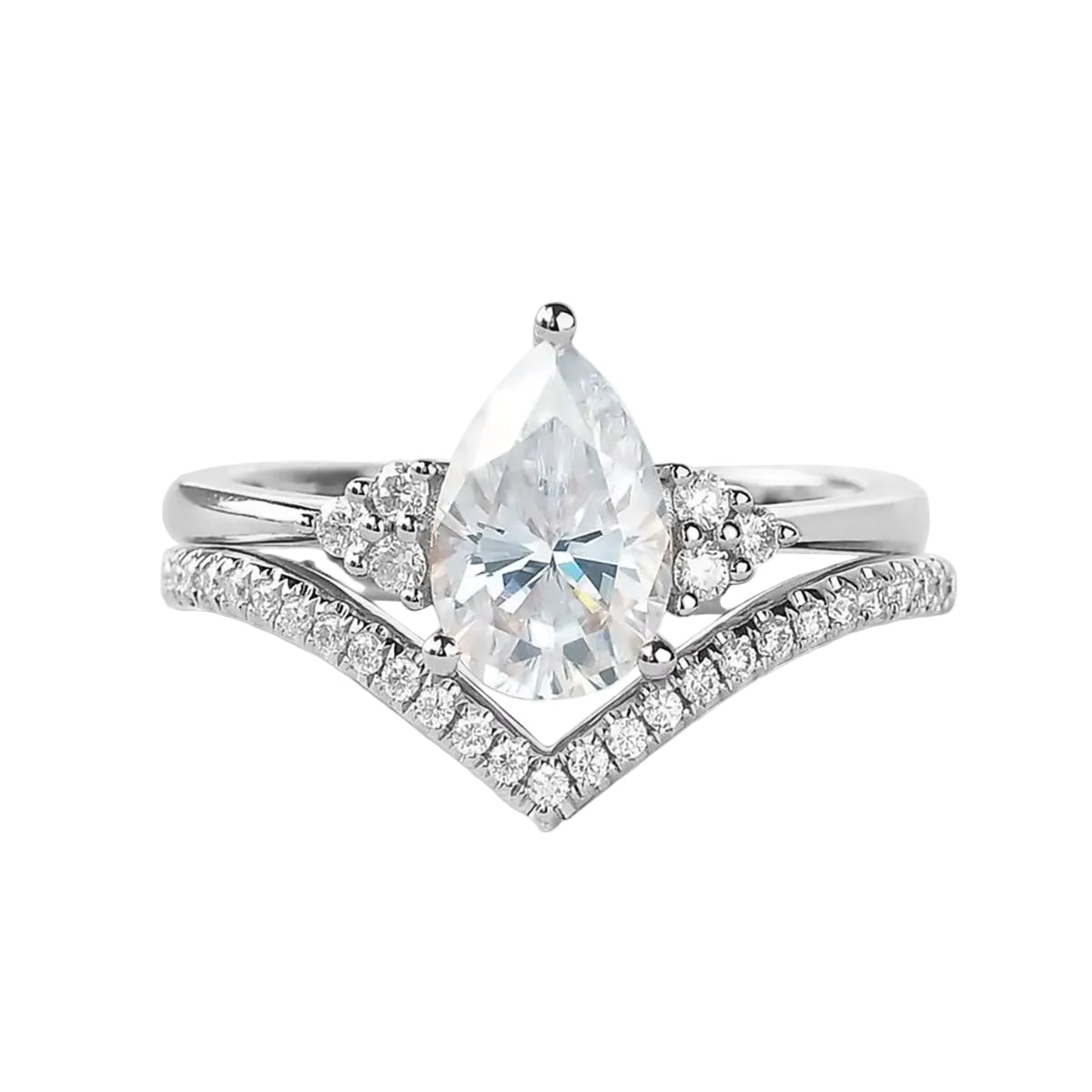 Pear cut moissanite engagement ring with matching chevron wedding band Duo Collection ApolloGem.