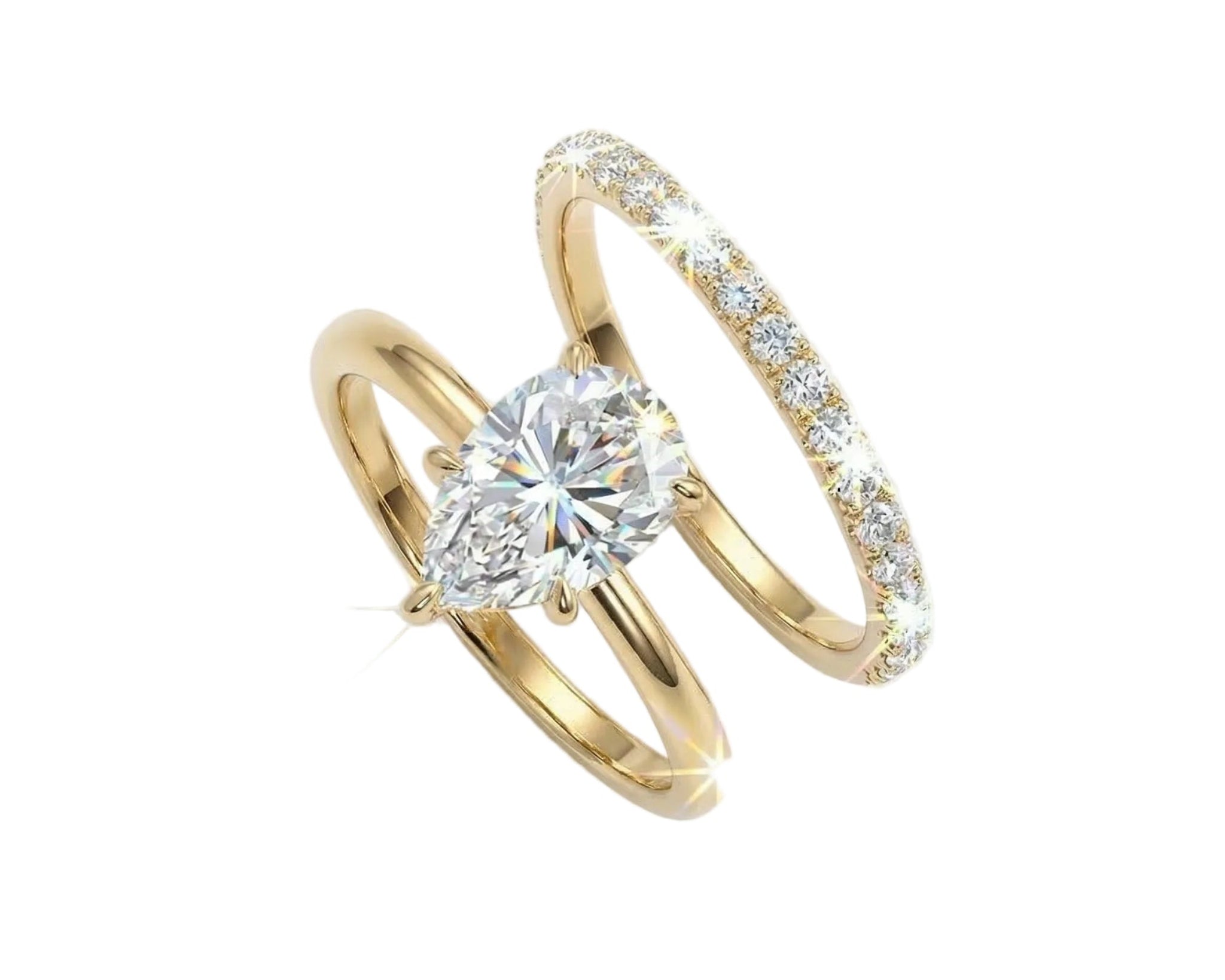 Pear brilliant moissanite solitaire engagement ring with a matching pavé eternity wedding band Duo Collection ApolloGem.