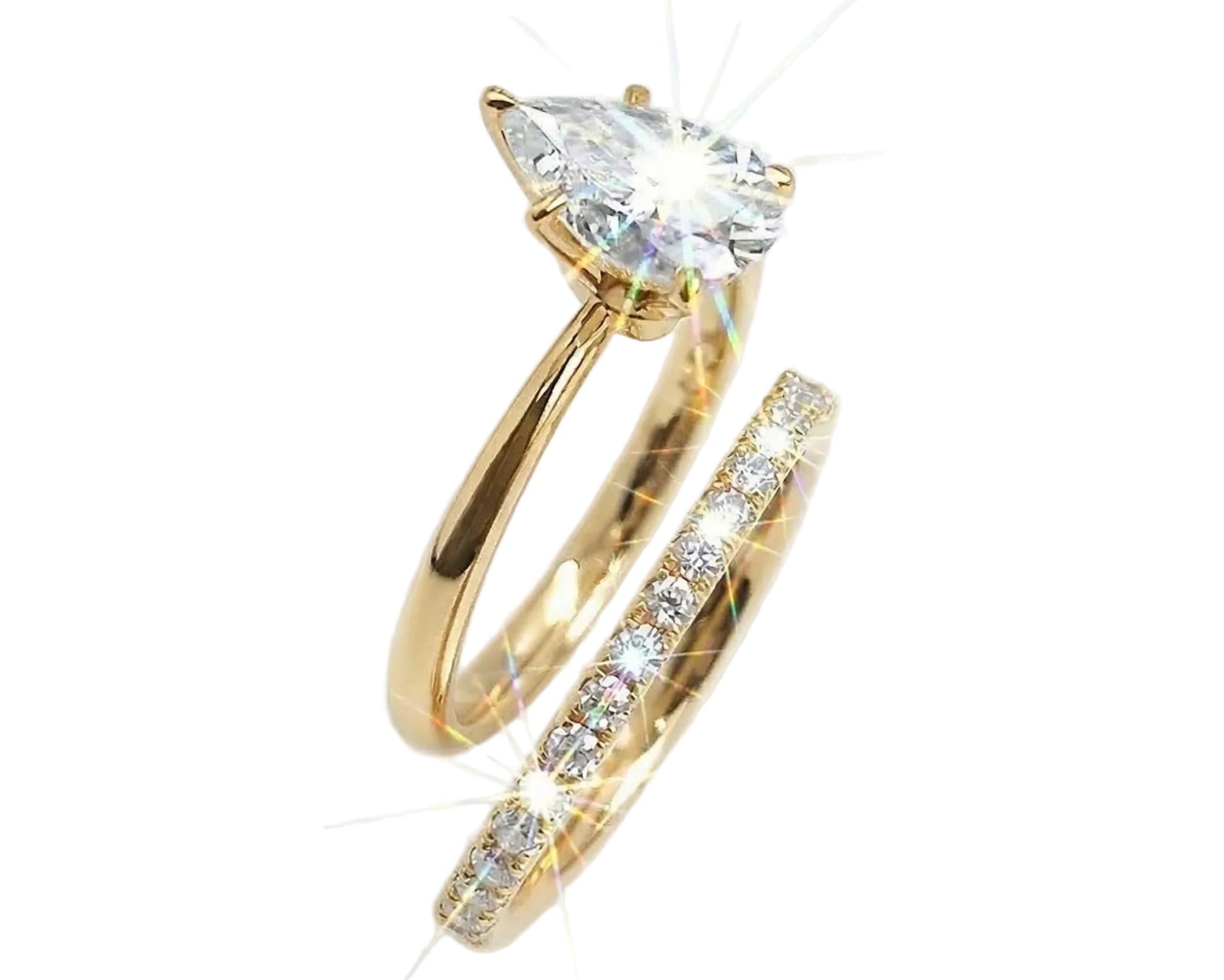 Detailed side view of the Pear Duo Grace set showing the flush-fit between the solitaire and eternity band.