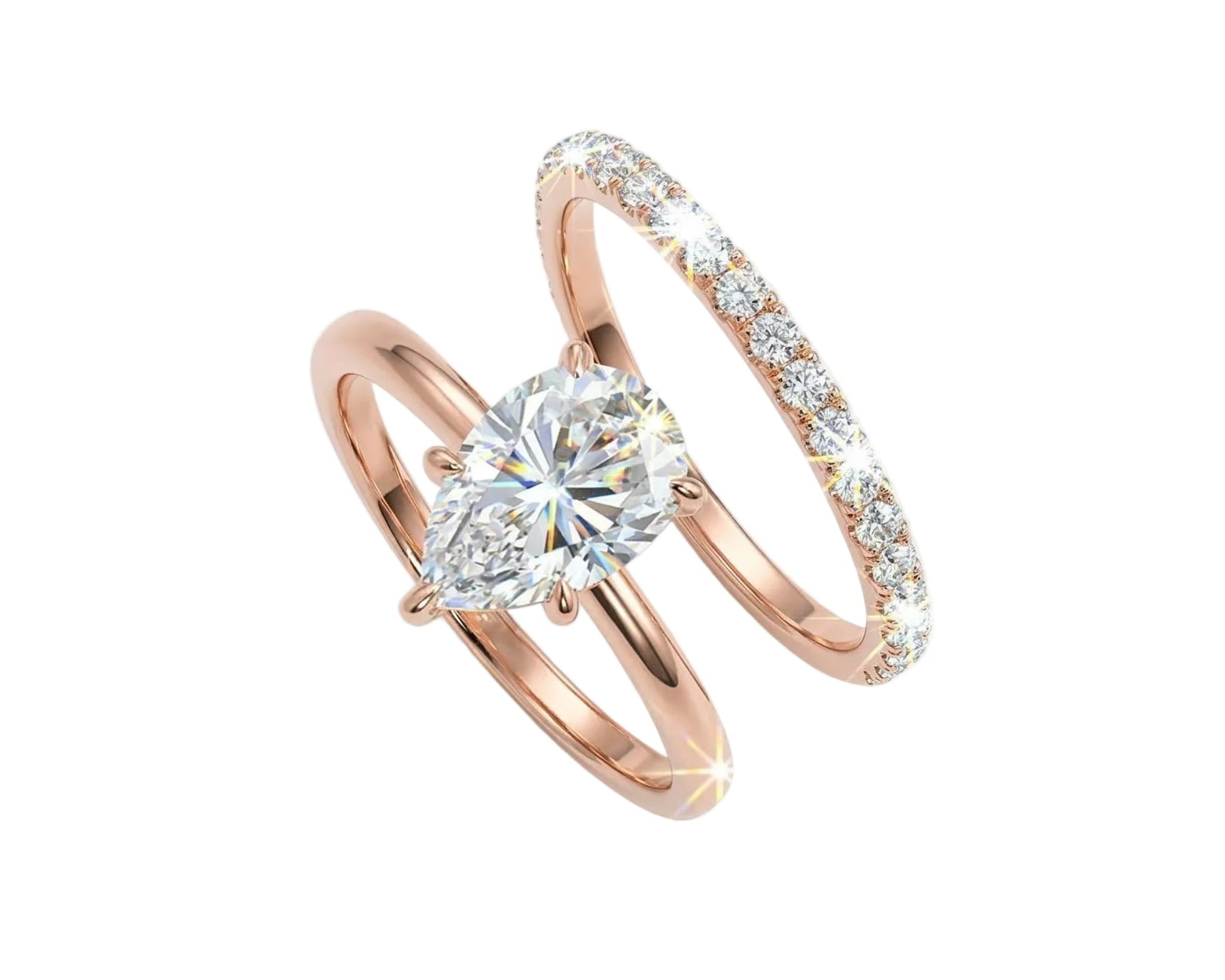 Pear brilliant moissanite solitaire engagement ring with a matching pavé eternity wedding band Duo Collection ApolloGem.