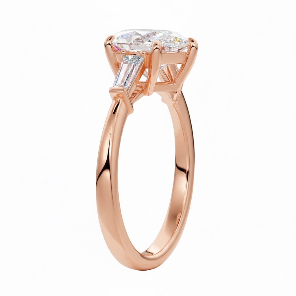 Classic three-stone pear moissanite engagement ring a showing the timeless brilliance and flattering teardrop shape.