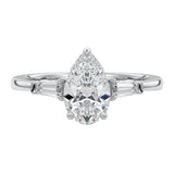 Luxury pear cut moissanite engagement ring in white gold with structural tapered baguette side stones ApolloGem South Africa.