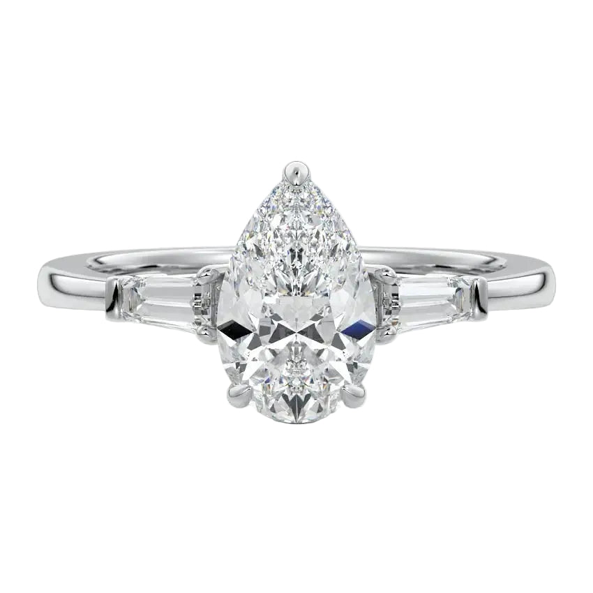 Luxury pear cut moissanite engagement ring in white gold with structural tapered baguette side stones ApolloGem South Africa.