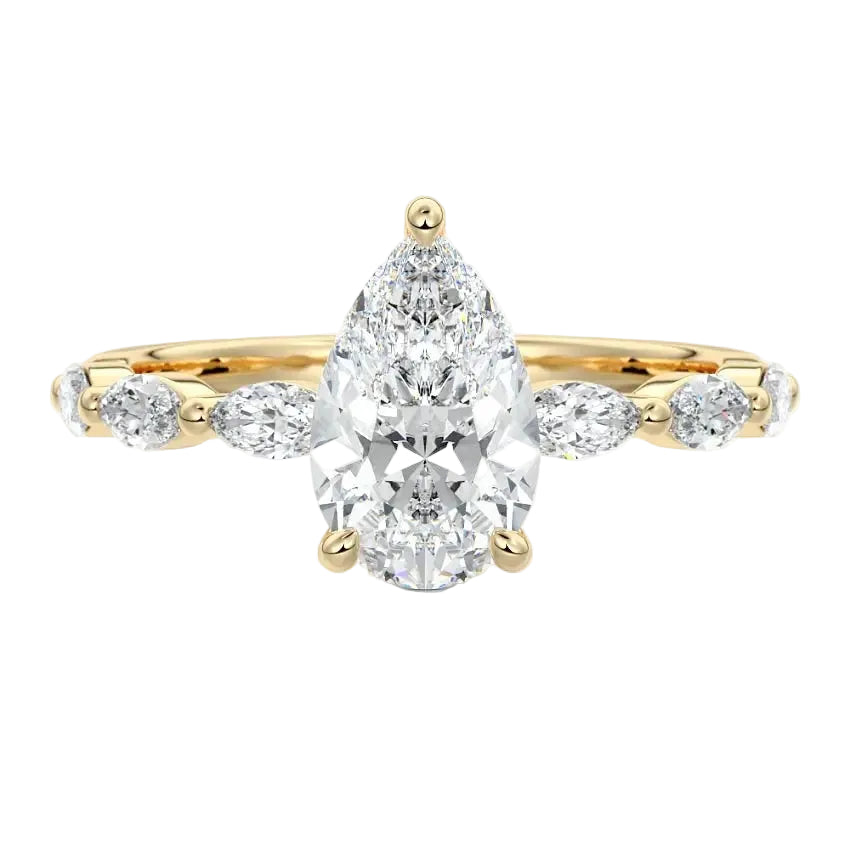 Secure three-prong pear cut moissanite ring with a half eternity triple marquise yellow gold band ApolloGem