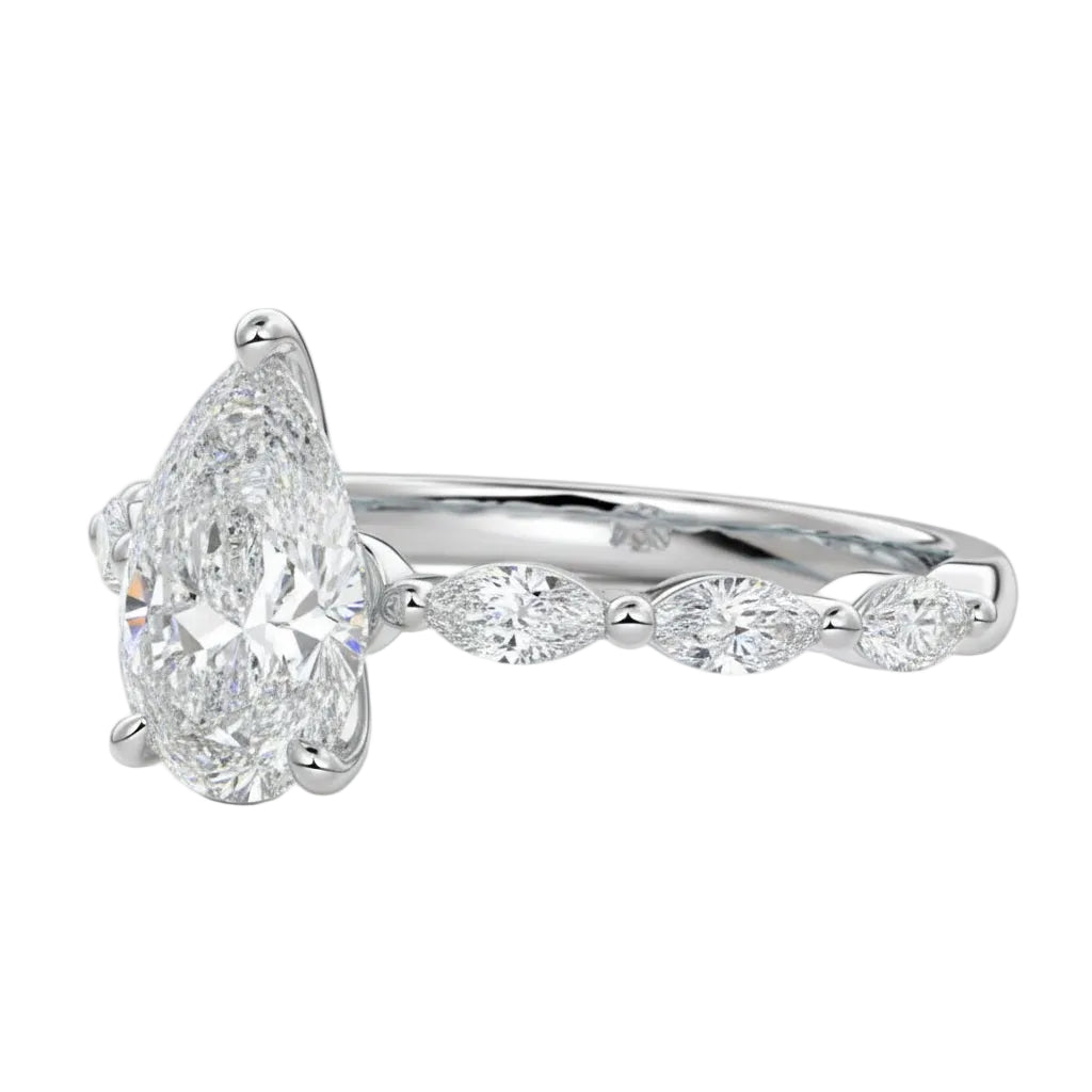 Side profile of the Pear Marquise Line ring showing the distinct metal contrast and robust shared-prong integration