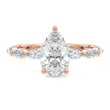 Secure three-prong pear cut moissanite ring with a half eternity triple marquise rose gold band ApolloGem