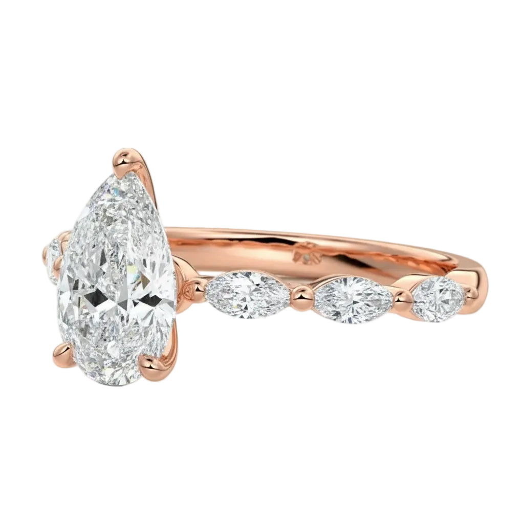 Side profile of the Pear Marquise Line ring showing the distinct metal contrast and robust shared-prong integration
