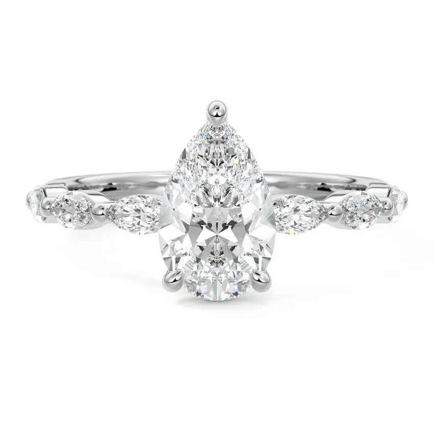 Secure three-prong pear cut moissanite ring with a half eternity triple marquise white  gold band ApolloGem