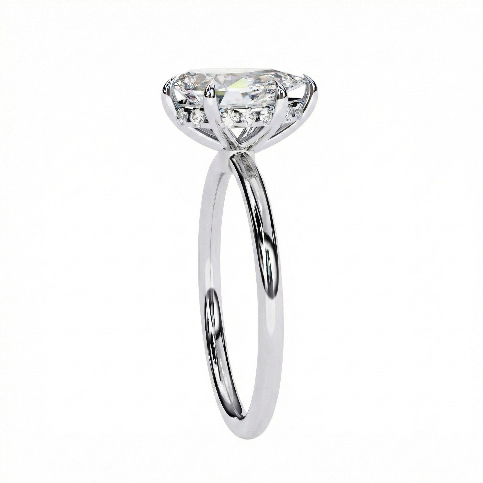 2 carat pear cut stone VVS clarity hidden halo setting close up details