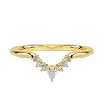 Yellow gold Pear Tiara curved wedding band with pear and round moissanites.