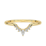 Yellow gold Pear Tiara curved wedding band with pear and round moissanites.