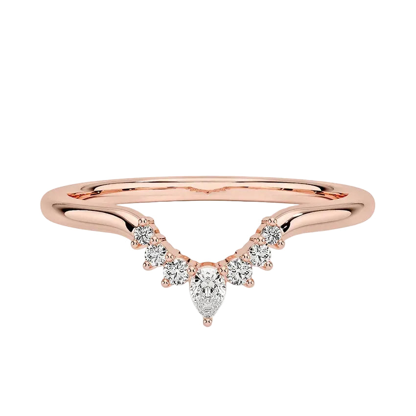 Rose gold Pear Tiara curved wedding band with pear and round moissanites.