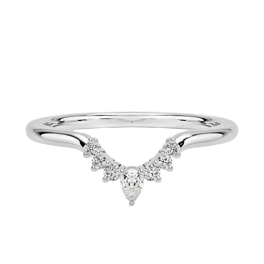 White gold Pear Tiara curved wedding band with pear and round moissanites.