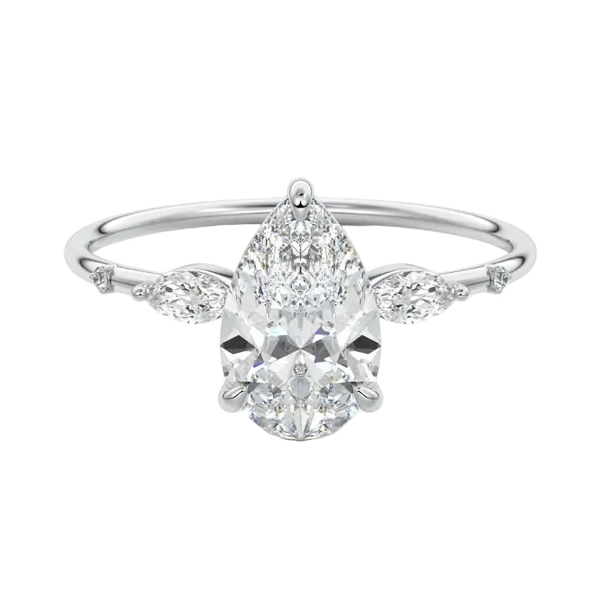 Pear cut moissanite engagement ring white gold marquise side stones botanical design