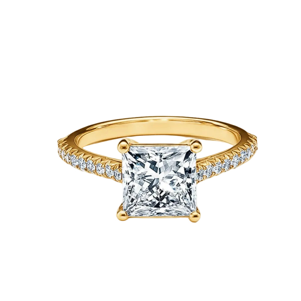 Sculpted four-claw princess cut moissanite cathedral style engagement ring in yellow gold ApolloGem.