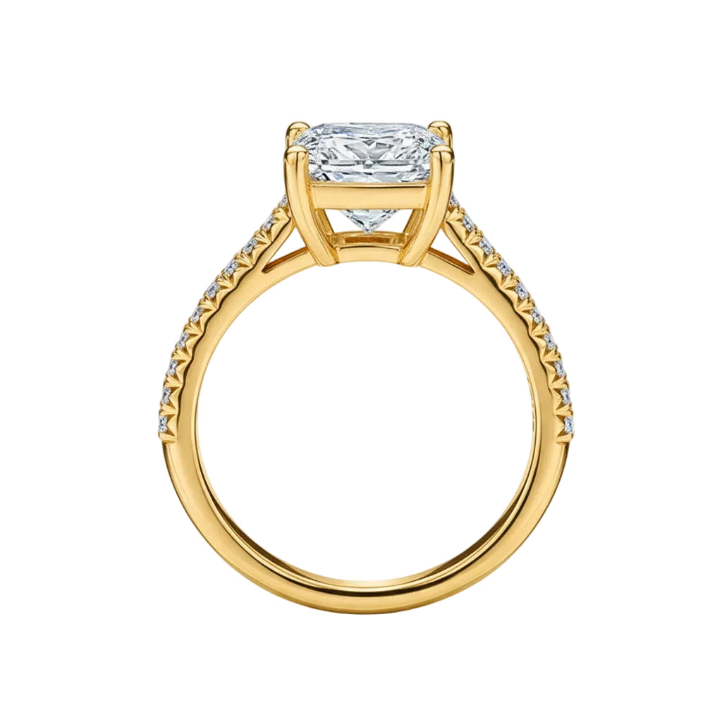 Side profile of the Princess Cathedral Pavé ring showing architectural baskets and shimmering shank.
