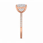 Top-down view of a D-color VVS1 princess stone in a rose gold uniform accented setting.