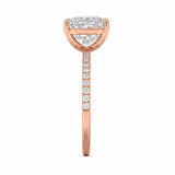Top-down view of a D-color VVS1 princess stone in a rose gold uniform accented setting.