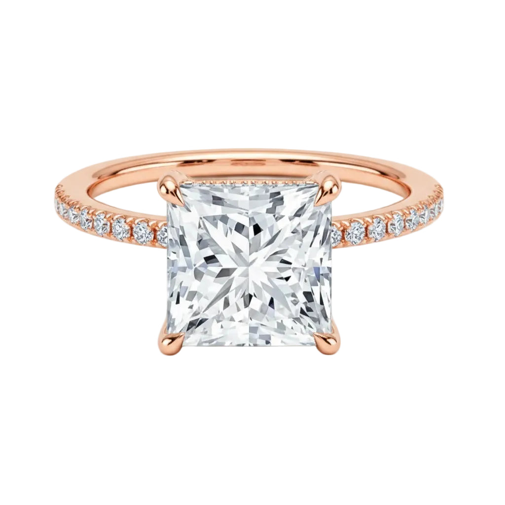 Secure four-claw princess cut moissanite ring with a uniform pavé-set rose gold band ApolloGem.