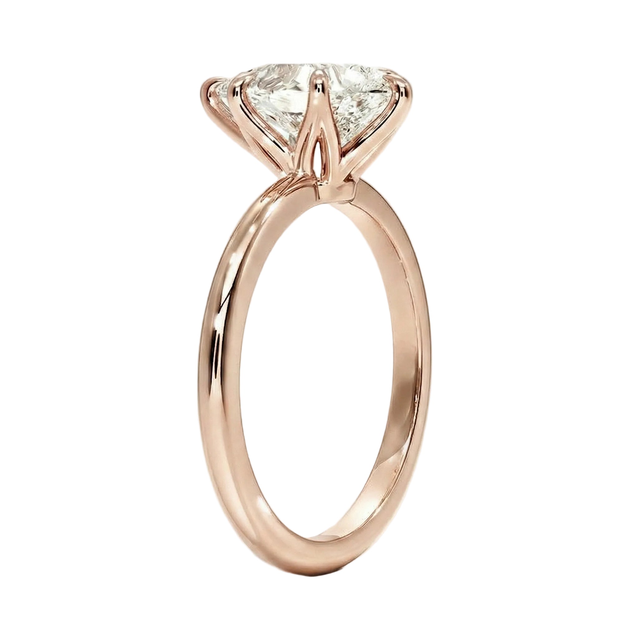 High-resolution jewelry render of a pear moissanite solitaire with a polished rose gold shank.