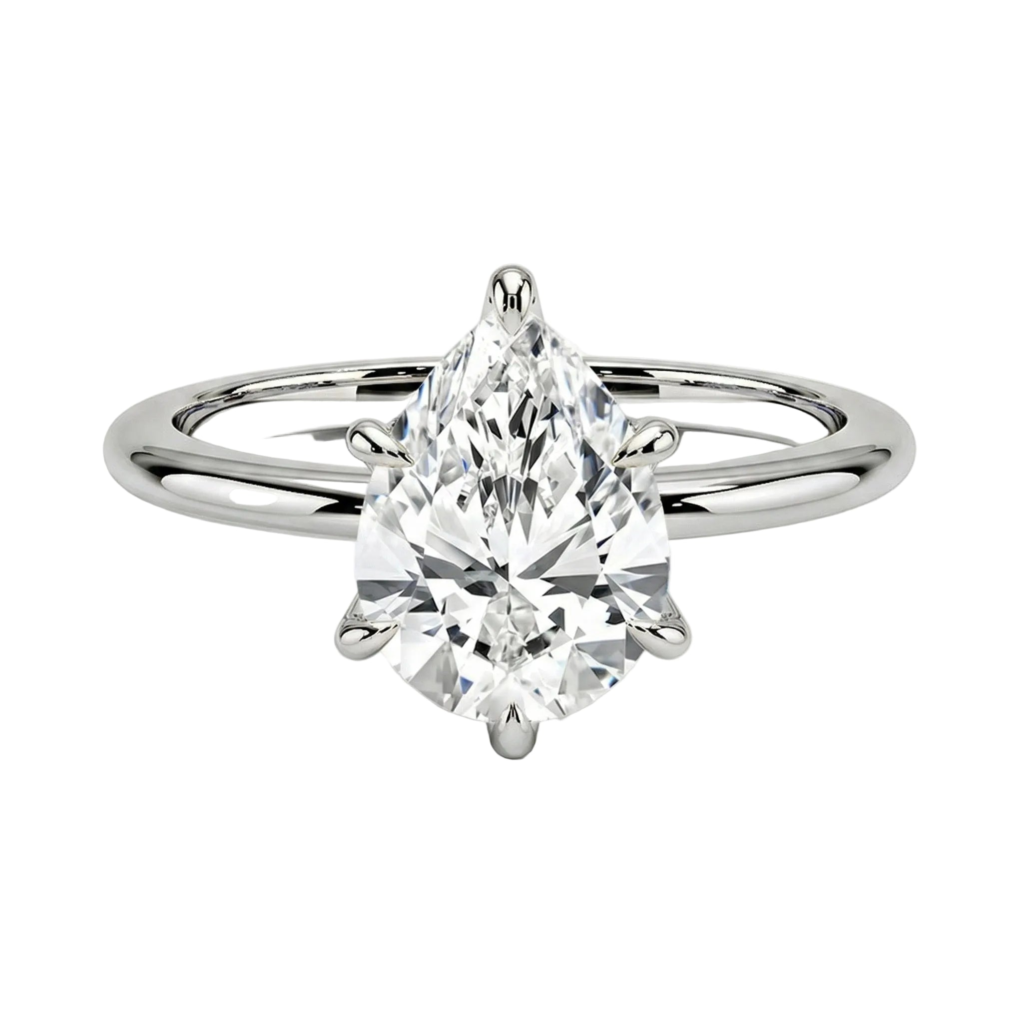 Close-up of a high-quality D-color VVS1 pear cut moissanite in a simple and elegant gold setting.