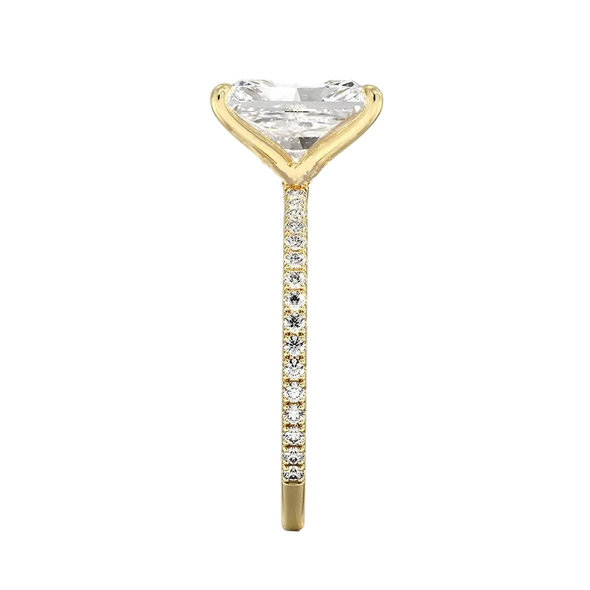 Top-down view of a D-color VVS1 radiant stone in a yellow gold 3/4 pavé setting