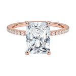Four-claw cat-claw radiant cut moissanite ring with a 3/4 eternity pavé rose gold band ApolloGem.