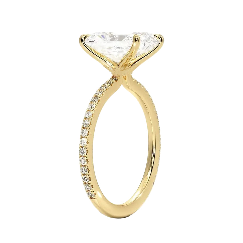 Side profile of the Radiant 3/4 Eternity ring showing the extended stone coverage and refined basket.
