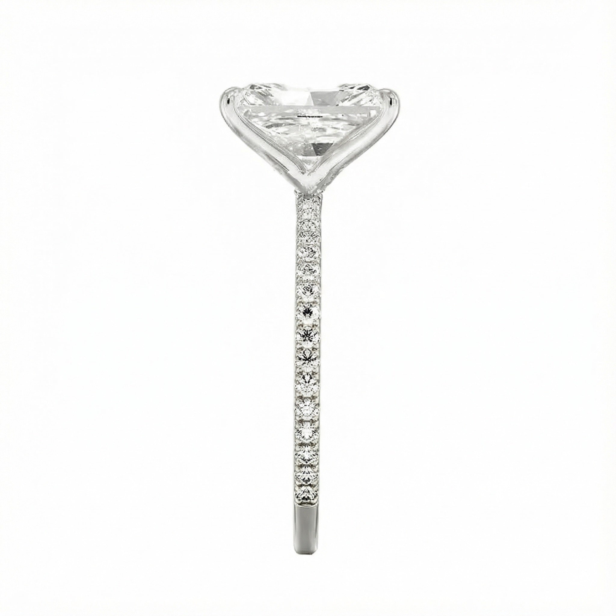 Top-down view of a D-color VVS1 radiant stone in a white gold 3/4 pavé setting