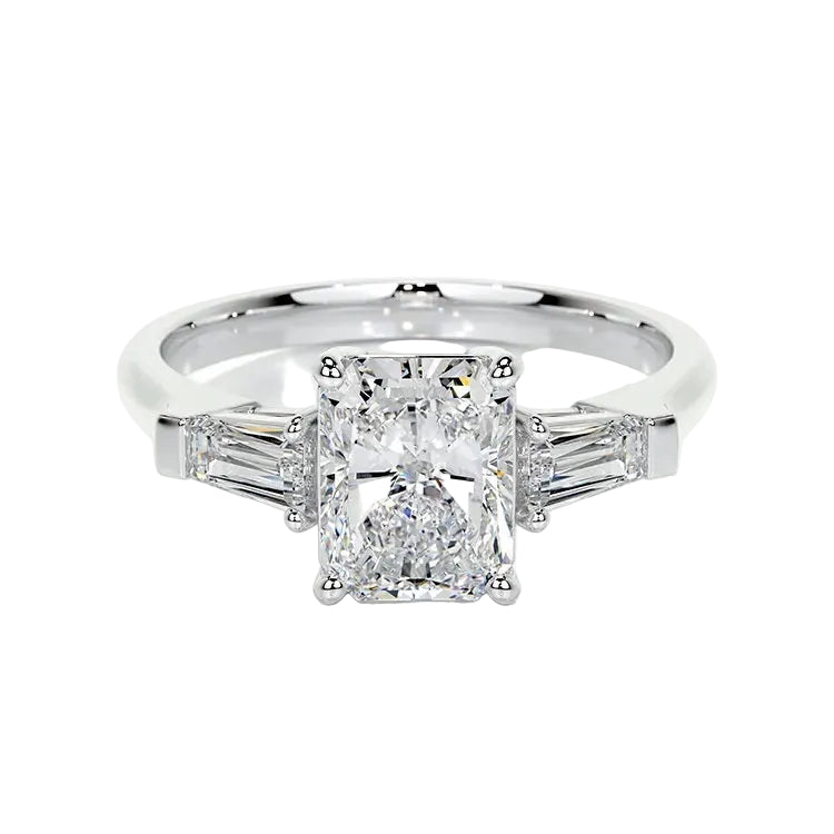Luxury radiant cut engagement ring on finger classic art deco style