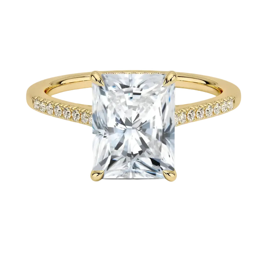 The Radiant Hidden Halo moissanite ring in 9ct yellow gold ApolloGem