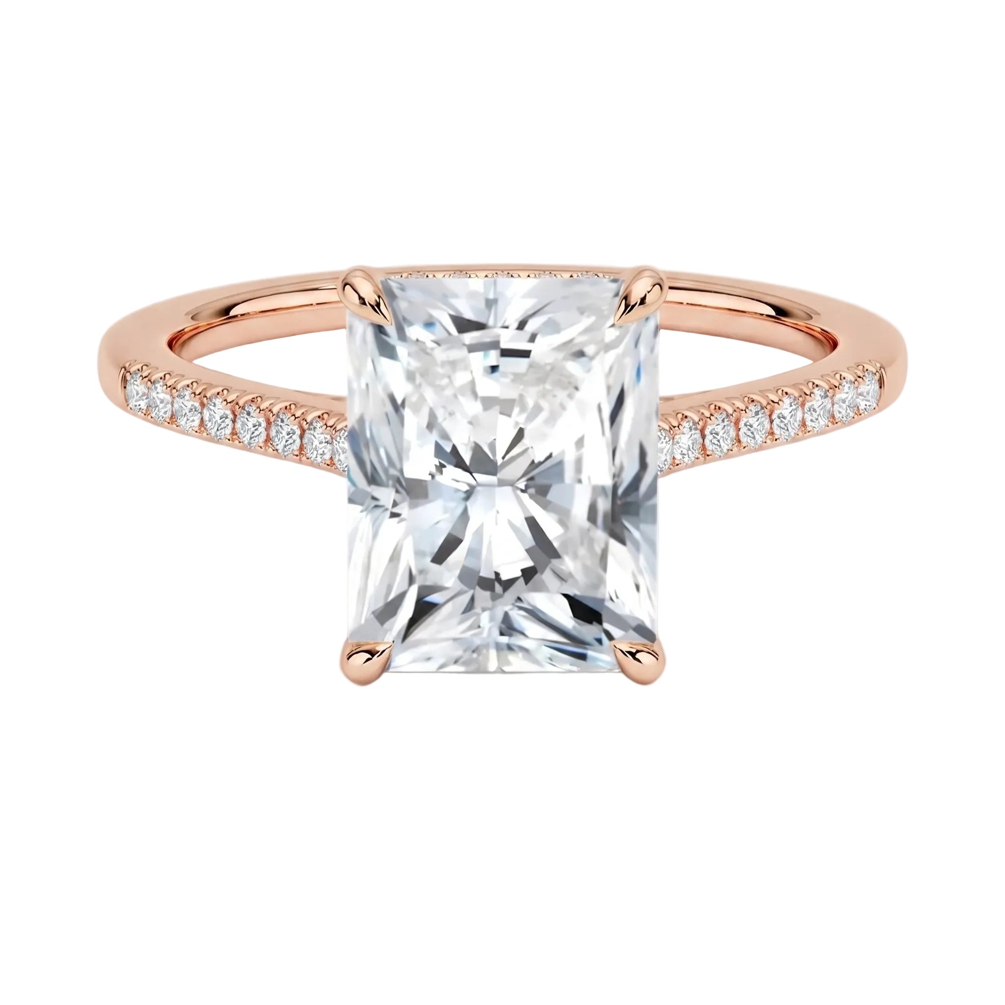 The Radiant Hidden Halo moissanite ring in 9ct rose gold ApolloGem