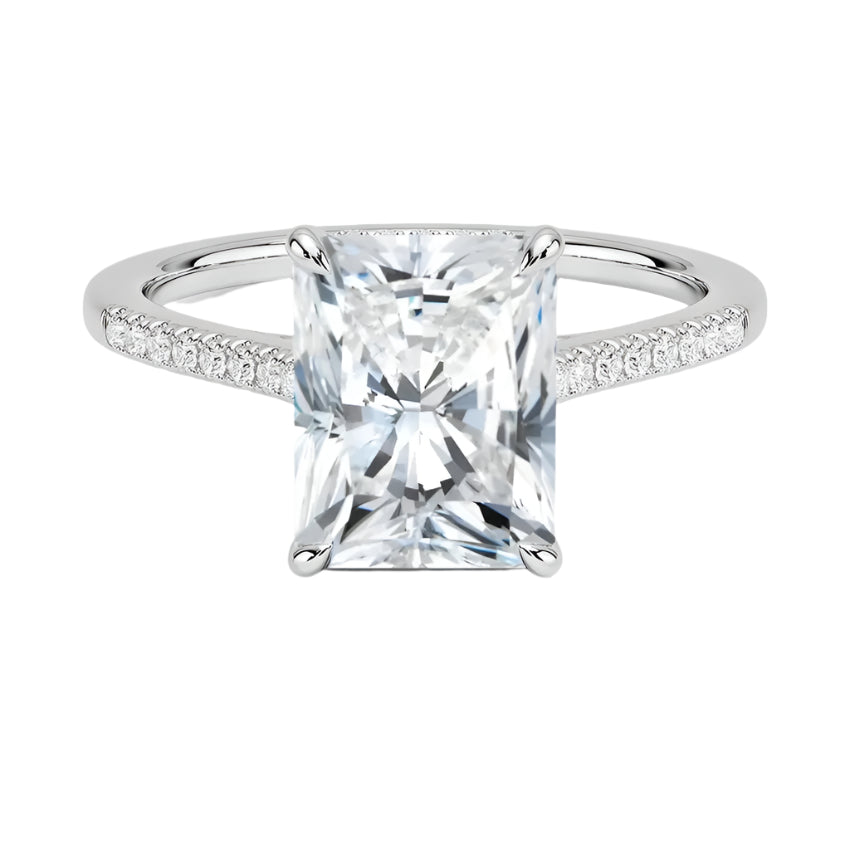 The Radiant Hidden Halo moissanite ring in 9ct white gold ApolloGem