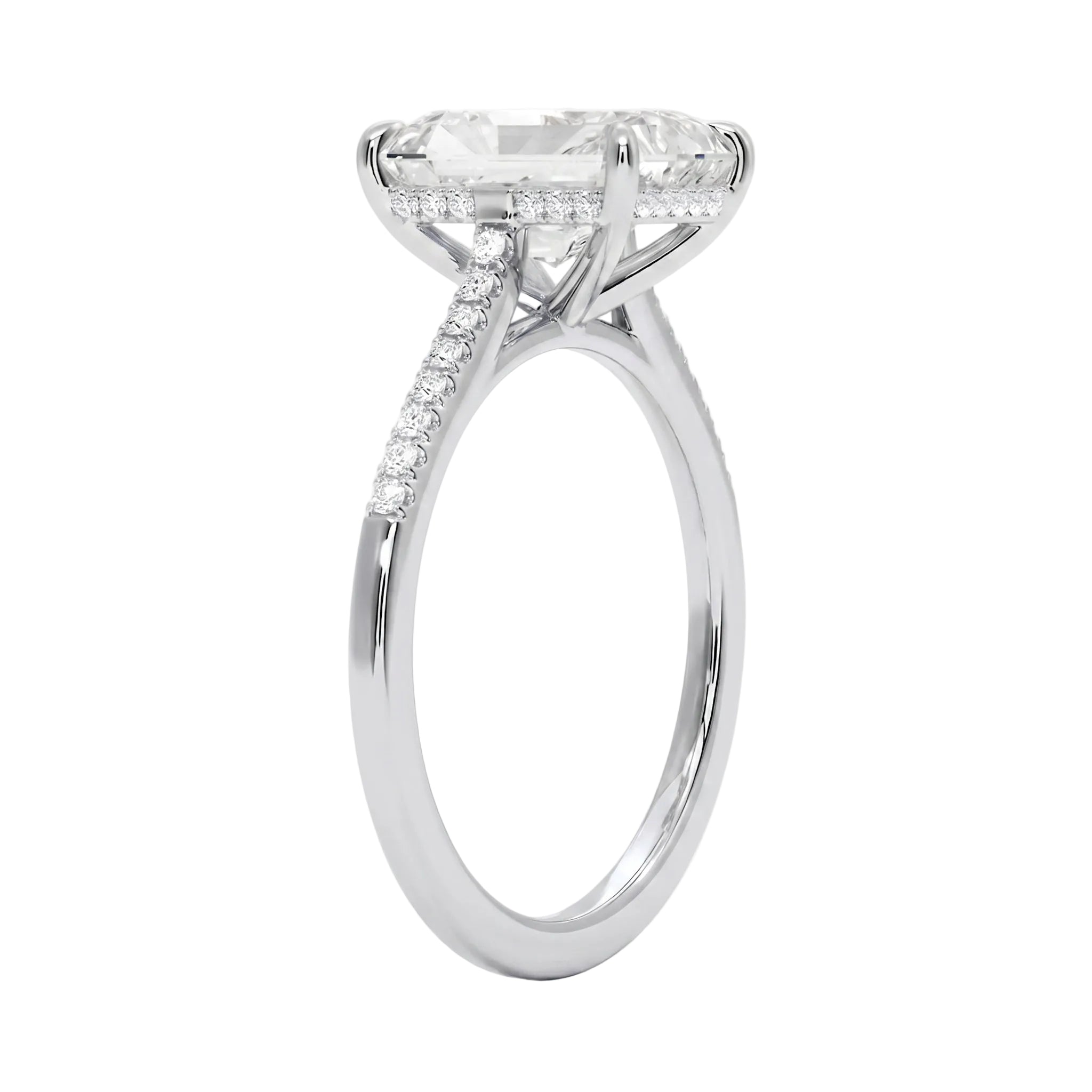 Side view of the Radiant Hidden Halo showing the secret rim of stones