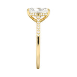 Close-up of the half-pave shank on a yellow gold radiant engagement ring
