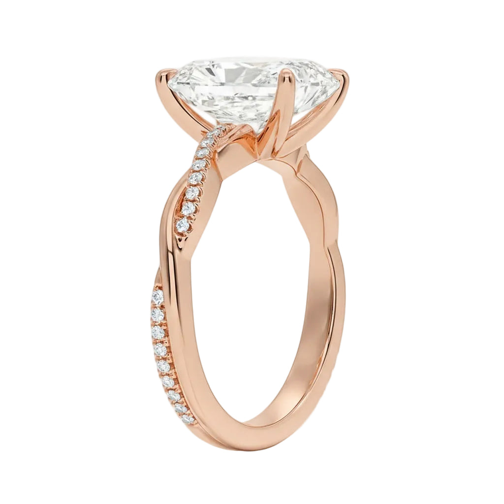 Side profile of the Radiant Infinity Twist ring showing the interlocking smooth and pavé-set gold bands.