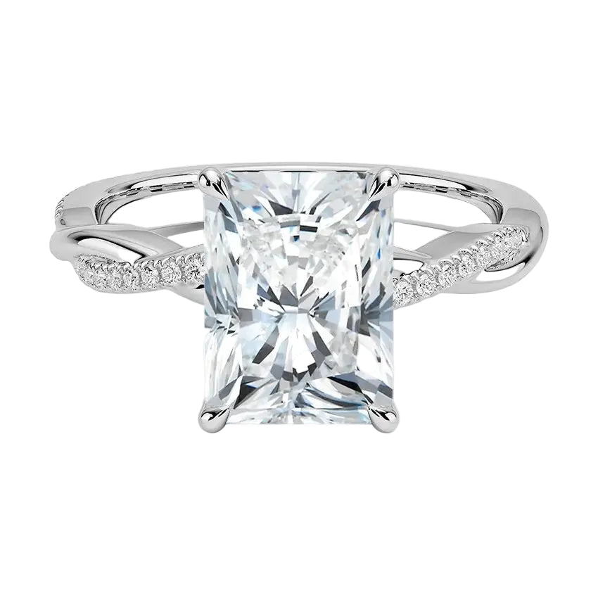 Four-claw radiant cut moissanite engagement ring with a pavé infinity twist vine band in white gold ApolloGem.