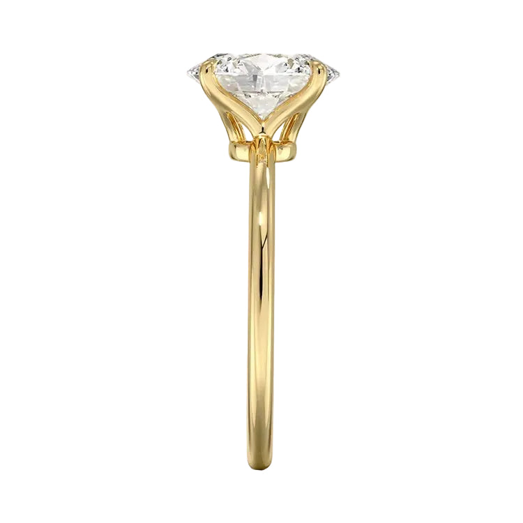 Detailed side view of a four-prong radiant moissanite ring showing the slim polished gold band.