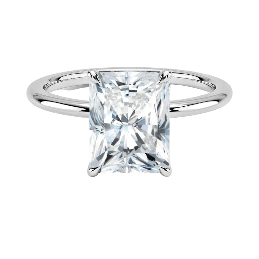 Luxury radiant cut moissanite solitaire engagement ring in 9k white gold ApolloGem South Africa.