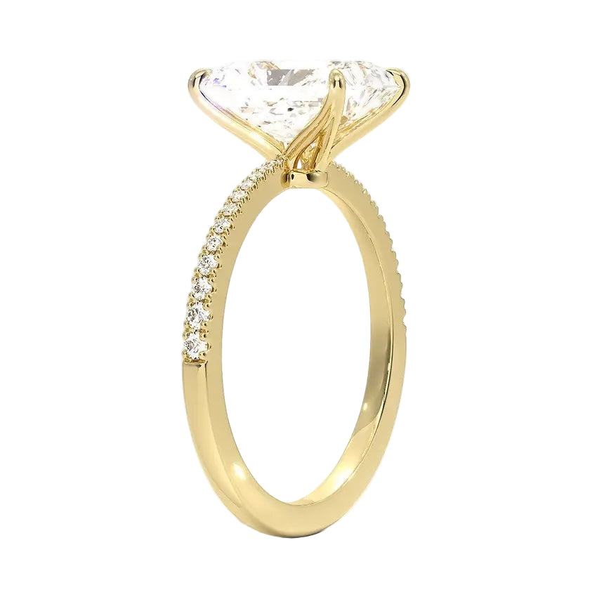 Side profile of the Radiant Tapered Pavé ring showing the dramatic pinch where the shank meets the refined basket setting