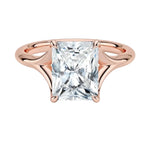 Radiant-cut moissanite solitaire engagement ring with a brilliant architectural V-split setting, handcrafted by ApolloGem South Africa.