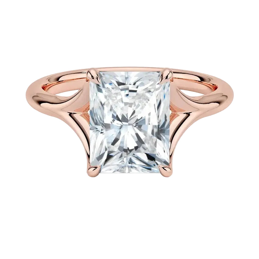 Radiant-cut moissanite solitaire engagement ring with a brilliant architectural V-split setting, handcrafted by ApolloGem South Africa.