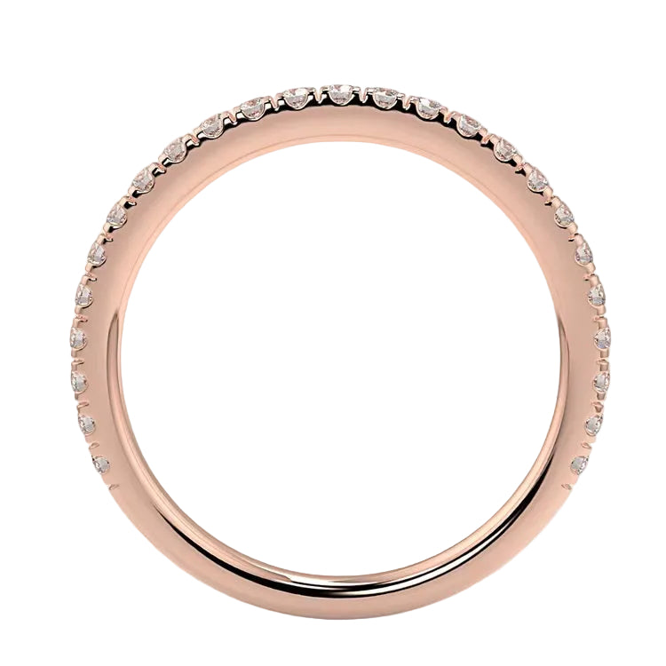 Side profile of the Round 3/4 Eternity band showing the polished rose gold shank and fishtail setting.
