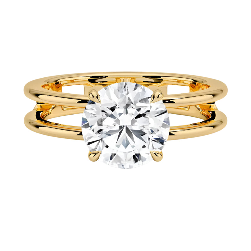 Luxury round brilliant moissanite engagement ring with a modern V-split shank in yellow gold ApolloGem.