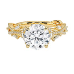 Bespoke round brilliant moissanite engagement ring with a sculpted organic vine band ApolloGem.