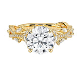 Bespoke round brilliant moissanite engagement ring with a sculpted organic vine band ApolloGem.