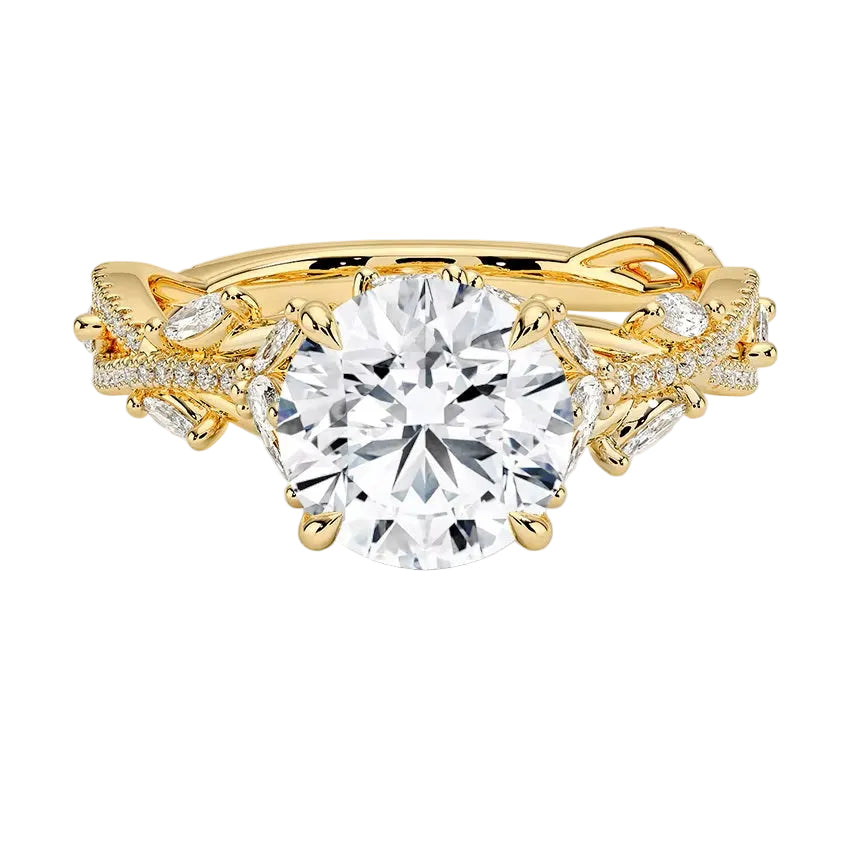 Bespoke round brilliant moissanite engagement ring with a sculpted organic vine band ApolloGem.