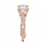 Detailed side view showing the intertwined vine structure and marquise leaf accents on the gold ring.