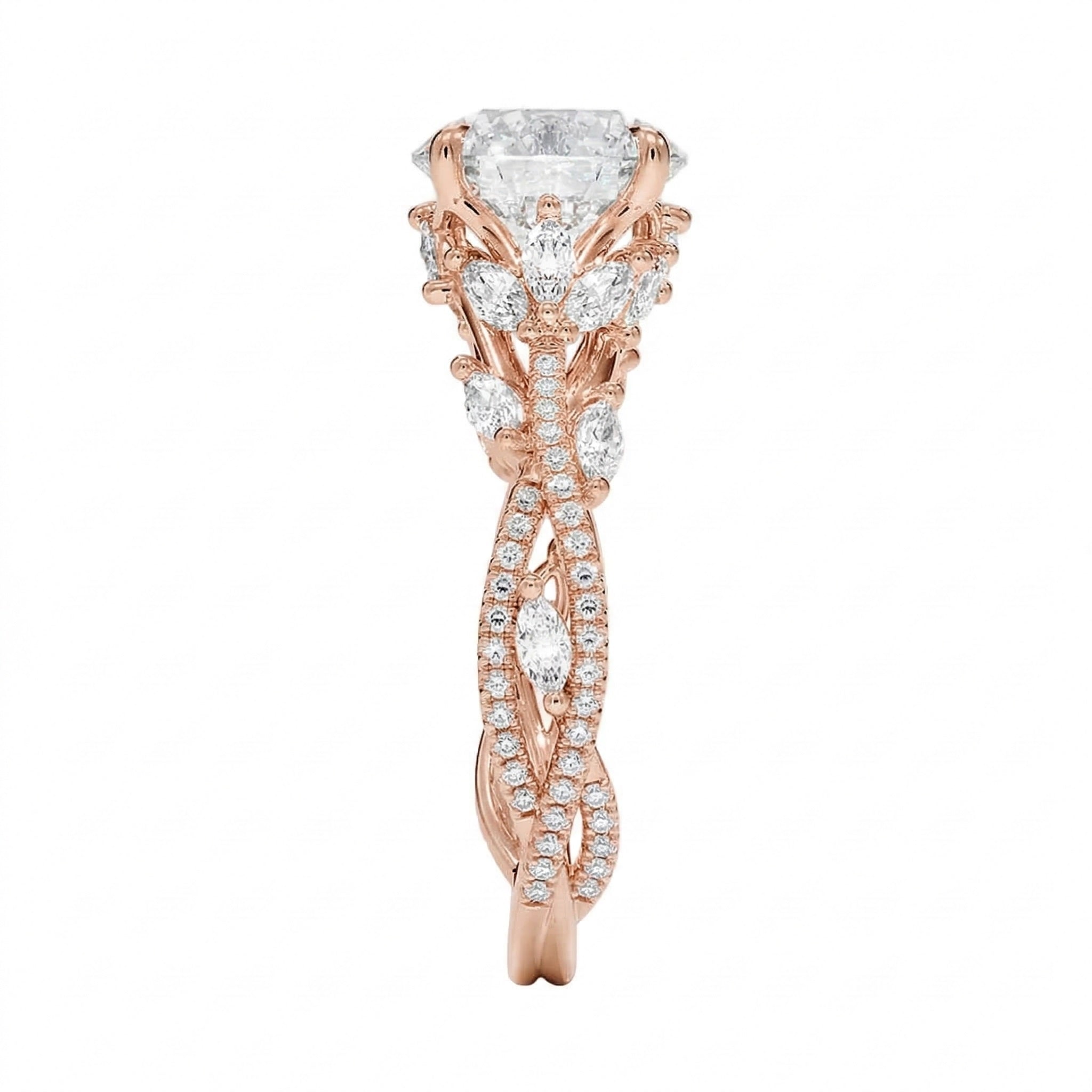 Detailed side view showing the intertwined vine structure and marquise leaf accents on the gold ring.