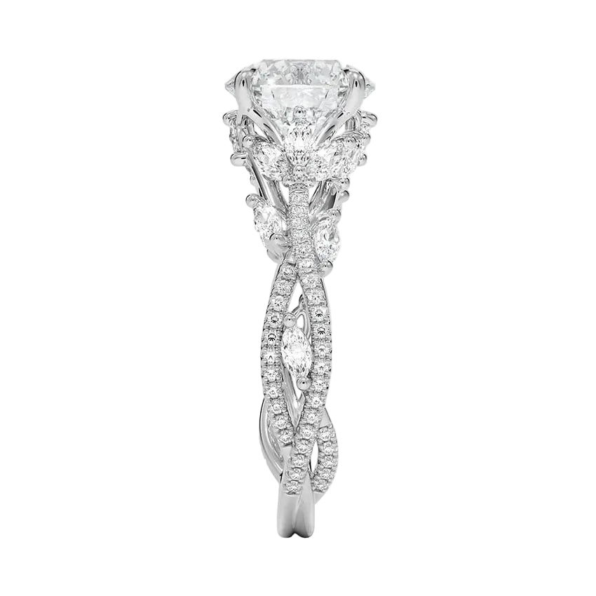Detailed side view showing the intertwined vine structure and marquise leaf accents on the gold ring.